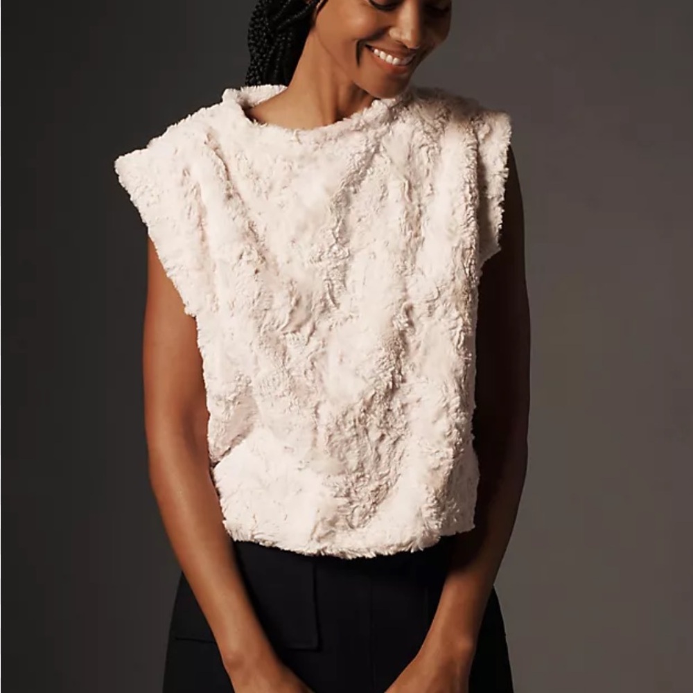 Anthropologie Maeve Cream Faux Fur Tee Size Medium